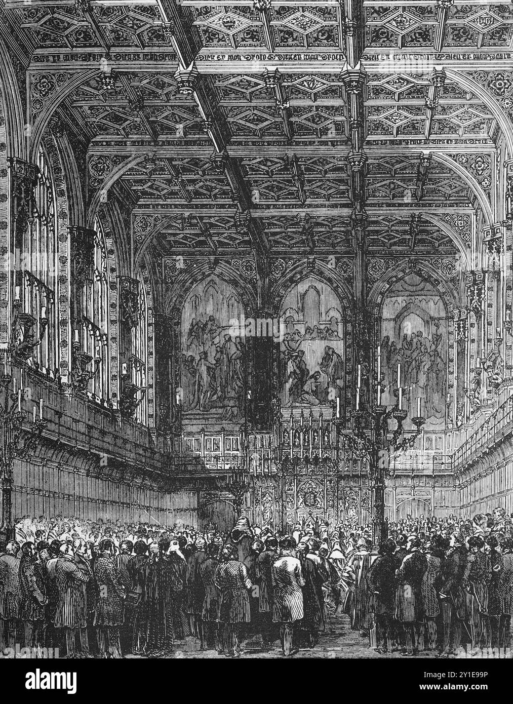 Interno della camera dei Lord, Palazzo di Westminster nel XIX secolo, ricostruito dopo l'incendio del 1834. Illustrazione tratta dalla storia dell'Inghilterra di Cassell, vol VII. New Edition pubblicata circa 1873-5. Foto Stock