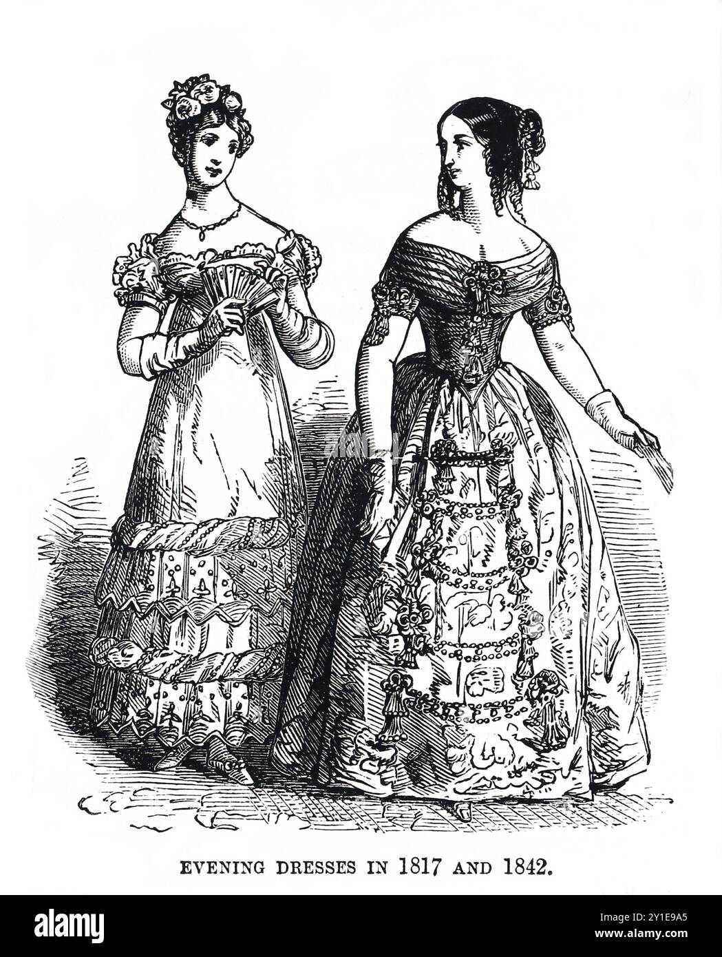 Abiti da sera nel 1817 e 1842; moda femminile. Illustrazione tratta dalla storia dell'Inghilterra di Cassell, vol VII. New Edition pubblicata circa 1873-5. Foto Stock