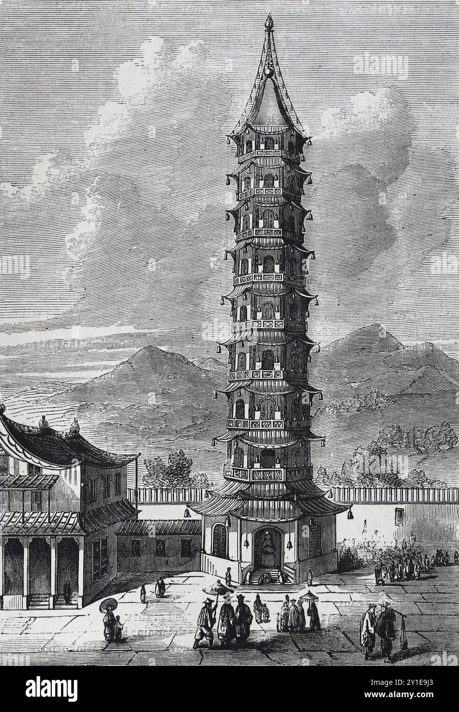 La torre di porcellana, Nankin, Cina, 1841. Illustrazione tratta dalla storia dell'Inghilterra di Cassell, vol VII. New Edition pubblicato Circs 1873-5. Foto Stock