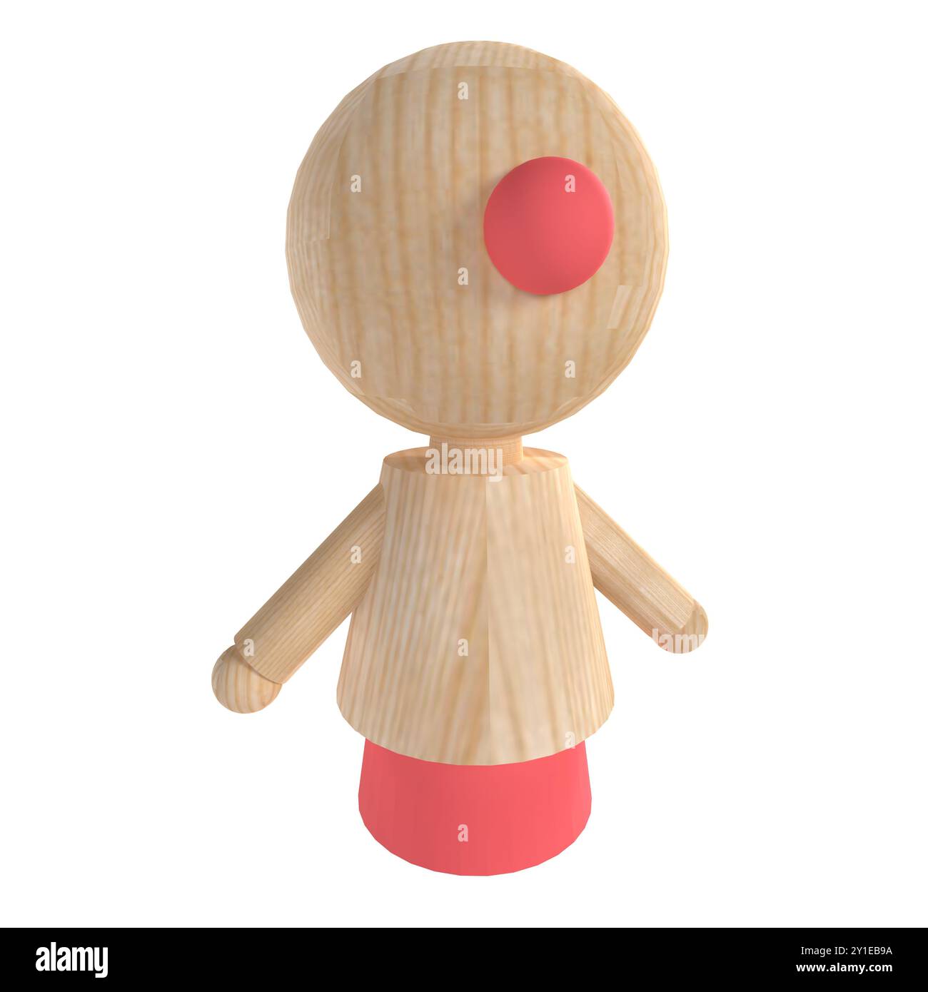Una figura in legno stilizzata presenta una testa rotonda, braccia e una vivace base rossa. Foto Stock