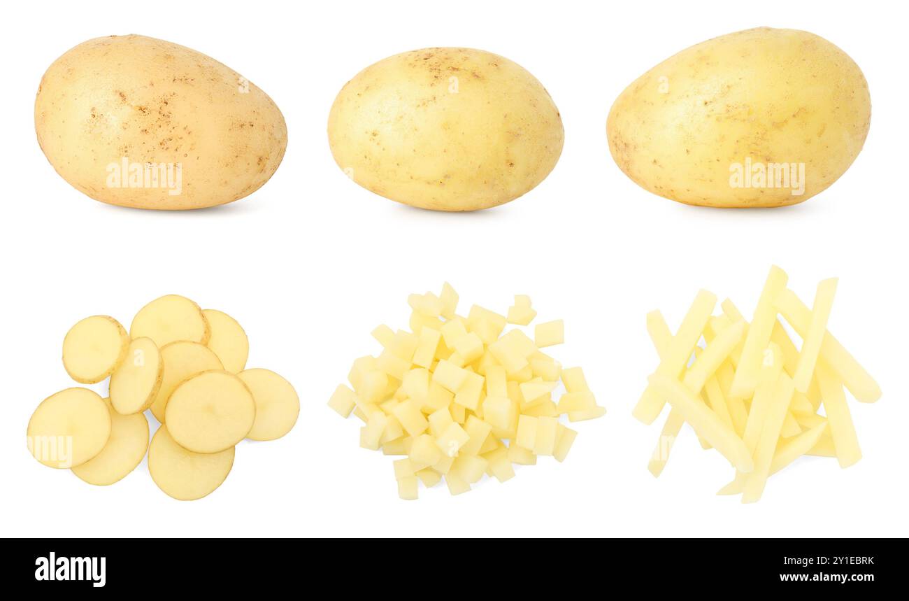 Patate fresche isolate su bianco, set. Tagliate in modi diversi e intere Foto Stock