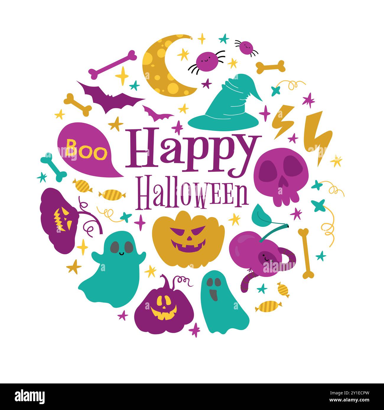 Buon Halloween tipografia calligrafia stile vettoriale con sfondo bianco Illustrazione Vettoriale