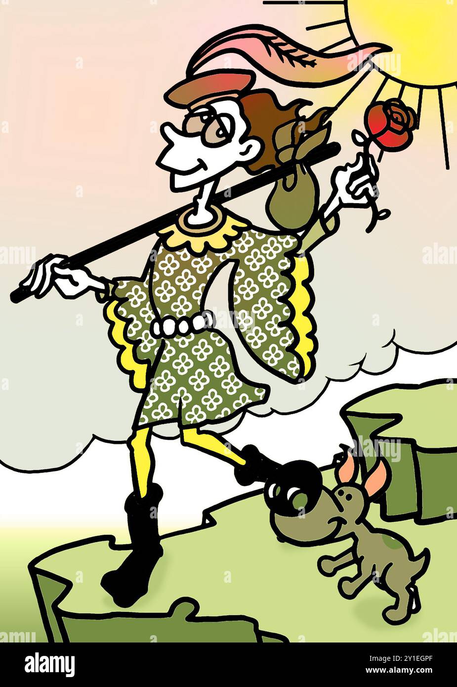 Carta Fool Tarot, nei mazzi da gioco si chiama "la scusa", a volte numerata 0 (prima) o XXII (ultima) spesso senza numero. Uomo sul bordo della scogliera con il cane Foto Stock