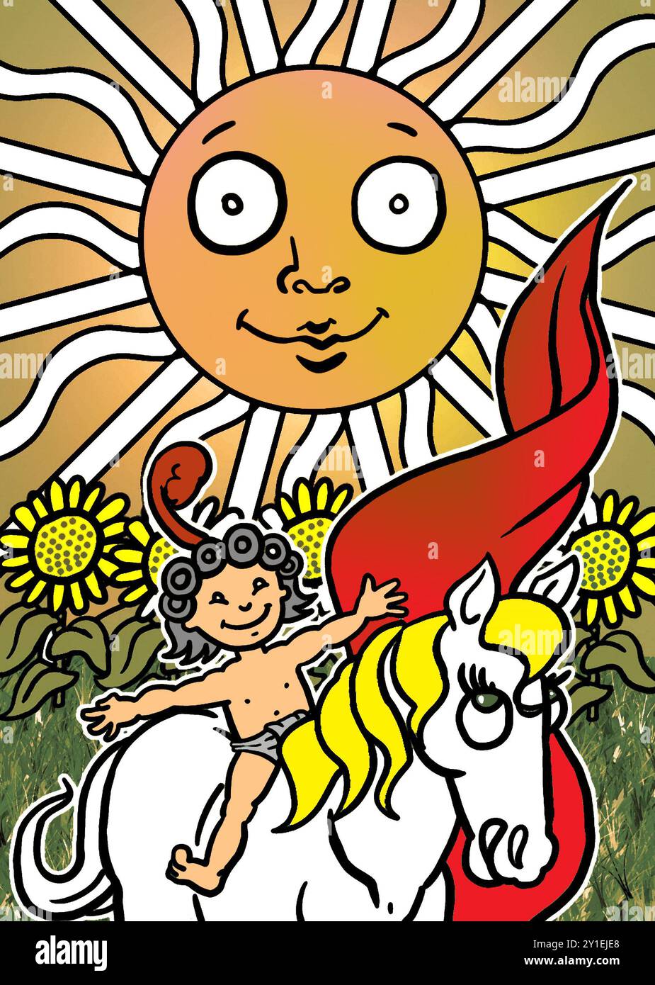 Arte che illustrano i Tarocchi Card il Sole (XIX) allegro bambino che cavalca il cavallo bianco, circondato da girasoli, e crogiolarsi alla luce di un sole radioso. Foto Stock