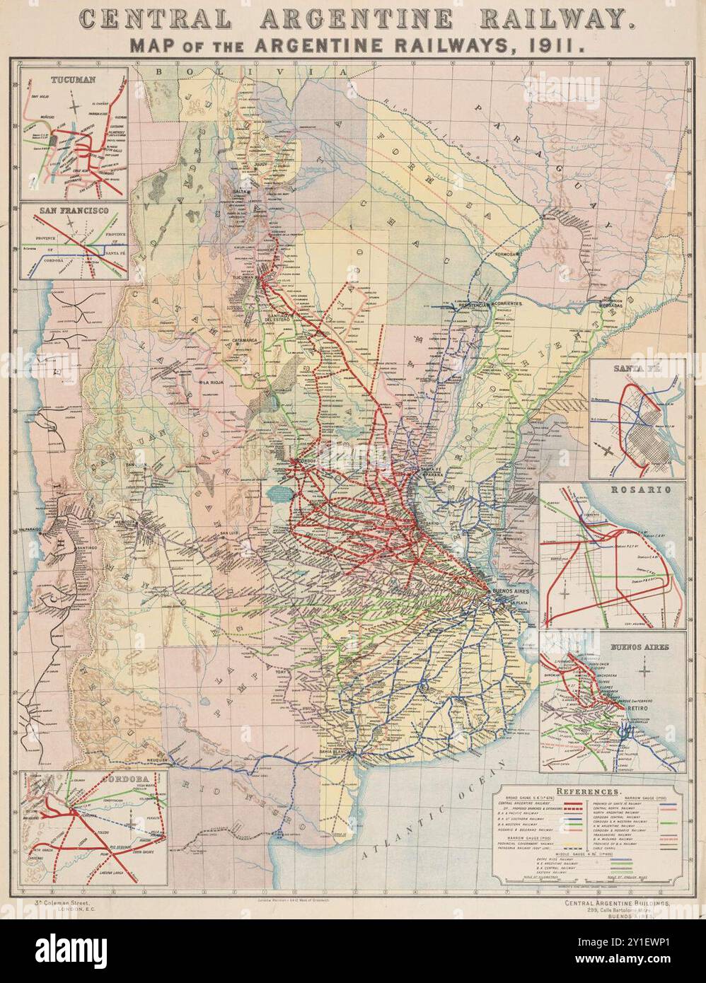 Mappa della ferrovia d'epoca. Mappa delle ferrovie dell'Argentina centrale, 1911. Foto Stock