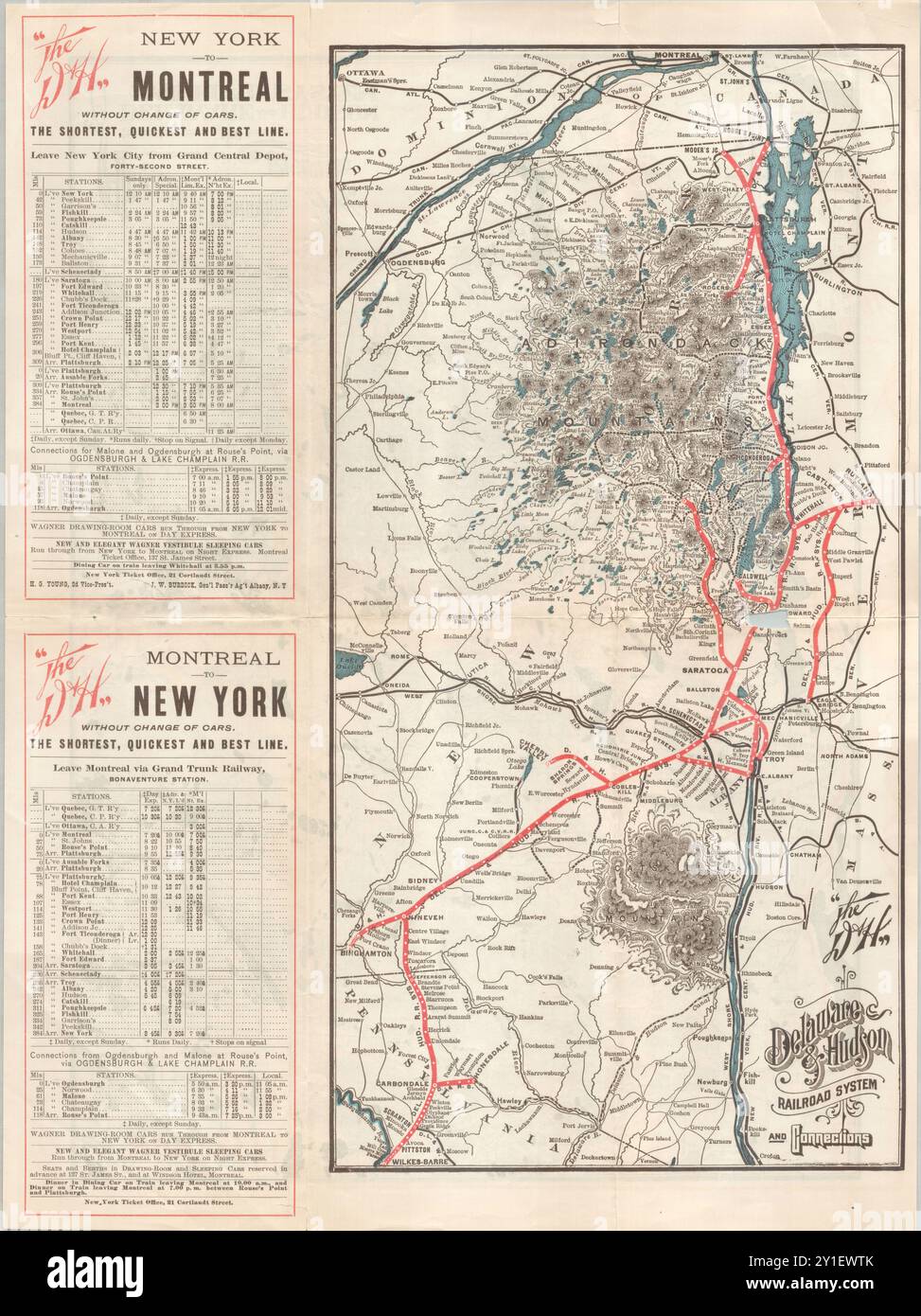 Mappa della ferrovia d'epoca. Il Delaware & Hudson Raildoad System nell'Upper New York State, con orario da New York a Montreal, il D&H, Train, 1897 Foto Stock