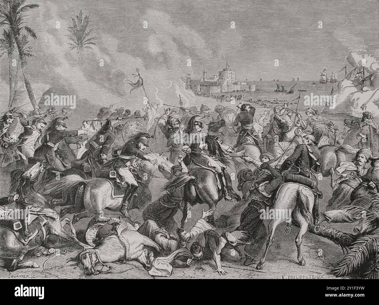 Guerre napoleoniche. Campagna francese in Egitto e Siria (1798-1801). Battaglia di Abukir (25 luglio 1799). Napoleone Bonaparte sconfisse l'esercito ottomano di Mustafa Pasha, impedendogli di riconquistare l'Egitto. Disegno di Philippoteaux. Incisione di Jahyer. "Storia della Rivoluzione francese". Volume i, seconda parte, 1879. Autore: Octave Jahyer (B. 1826). Incisore francese. Foto Stock
