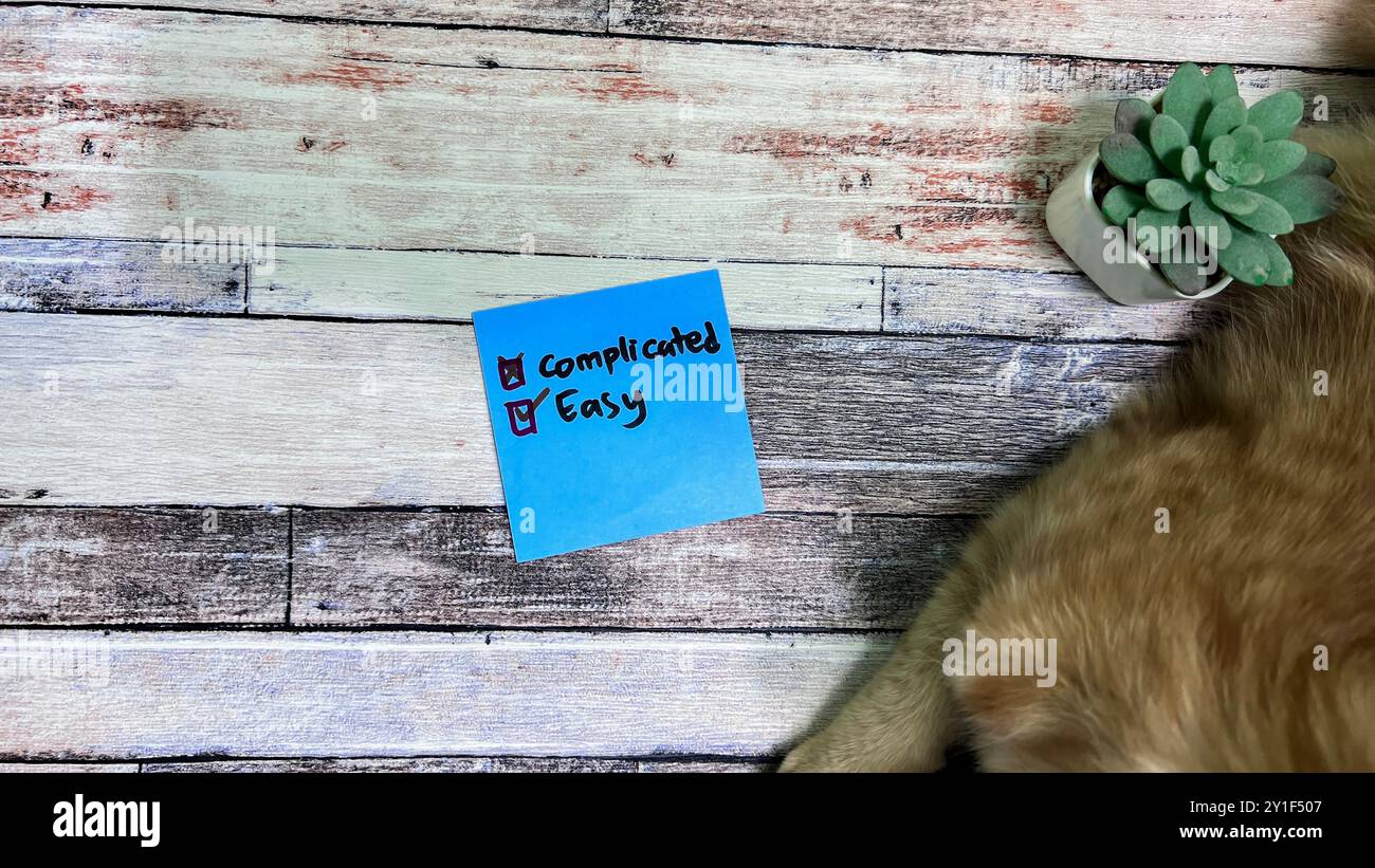 Concetto di scrittura semplice o complicata su note adesive isolate su un tavolo in legno. Foto Stock