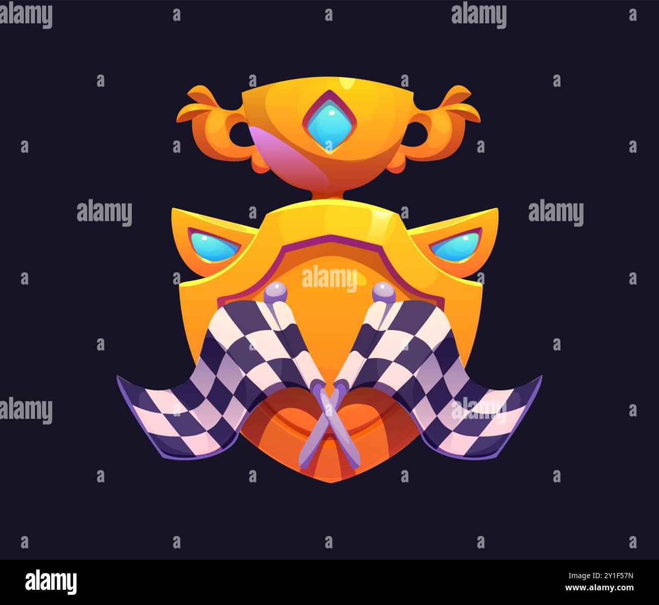 Trofeo da corsa d'oro, distintivo del rango da corsa per auto e motori con gemme e bandiere a scacchi. Premio vettoriale, traguardo, premio negli sport automobilistici, che rappresenta la vittoria, eccellenza nelle competizioni automobilistiche Illustrazione Vettoriale