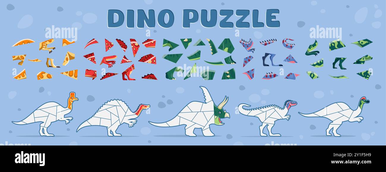 Gioco di puzzle con puzzle di dinosauri preistorici. Foglio di lavoro didattico vettoriale e attività divertente per i bambini con forme e pezzi di dinosauro sparsi pronti per essere assemblati in figure complete Illustrazione Vettoriale