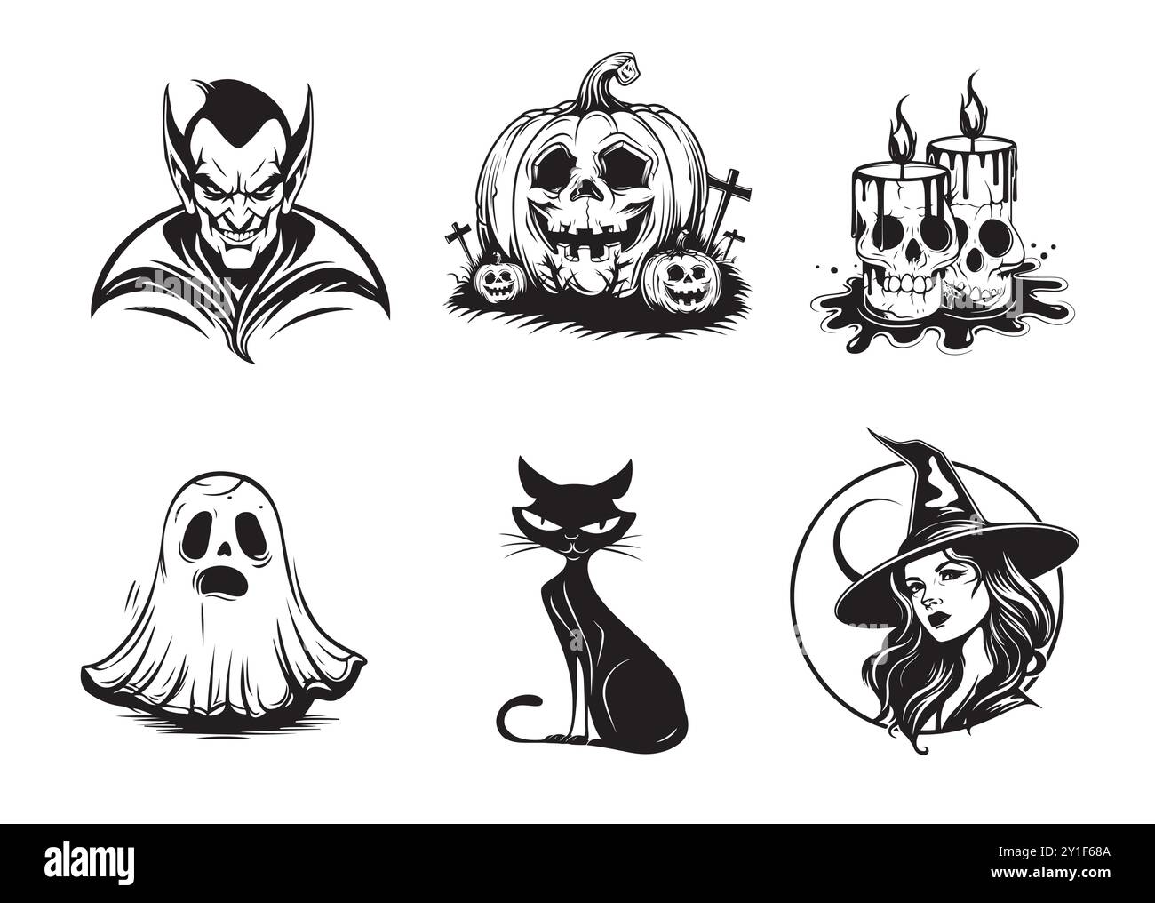 Set di cartoni animati vettoriali disegnati a mano con oggetti e simboli di Halloween. Schizzo di fantasma, zucca, cranio, gatto, candela Illustrazione Vettoriale