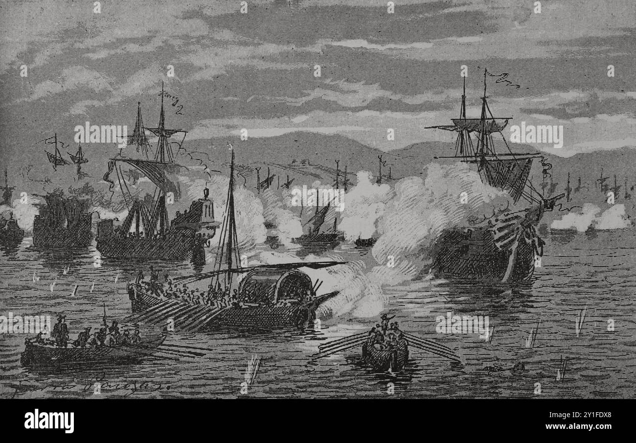 Battaglia navale di Ragusa (22 novembre 1617). Lo squadrone spagnolo del viceré di Napoli, duca di Osuna (Pedro Téllez-Girón y Velasco) (1574-1624), sotto il comando dell'ammiraglio Francisco de Rivera (1582-1646), sconfisse lo squadrone della Repubblica di Venezia guidato dall'ammiraglio Lorenzo Veniero (1582-1646). Illustrazione di Serra Pausas. "Glorias Españolas" (Glorie di Spagna). Volume IV. Pubblicato a Barcellona, 1890. Autore: Joan Serra Pausas (attivo 1861-1902). Artista spagnolo. Foto Stock