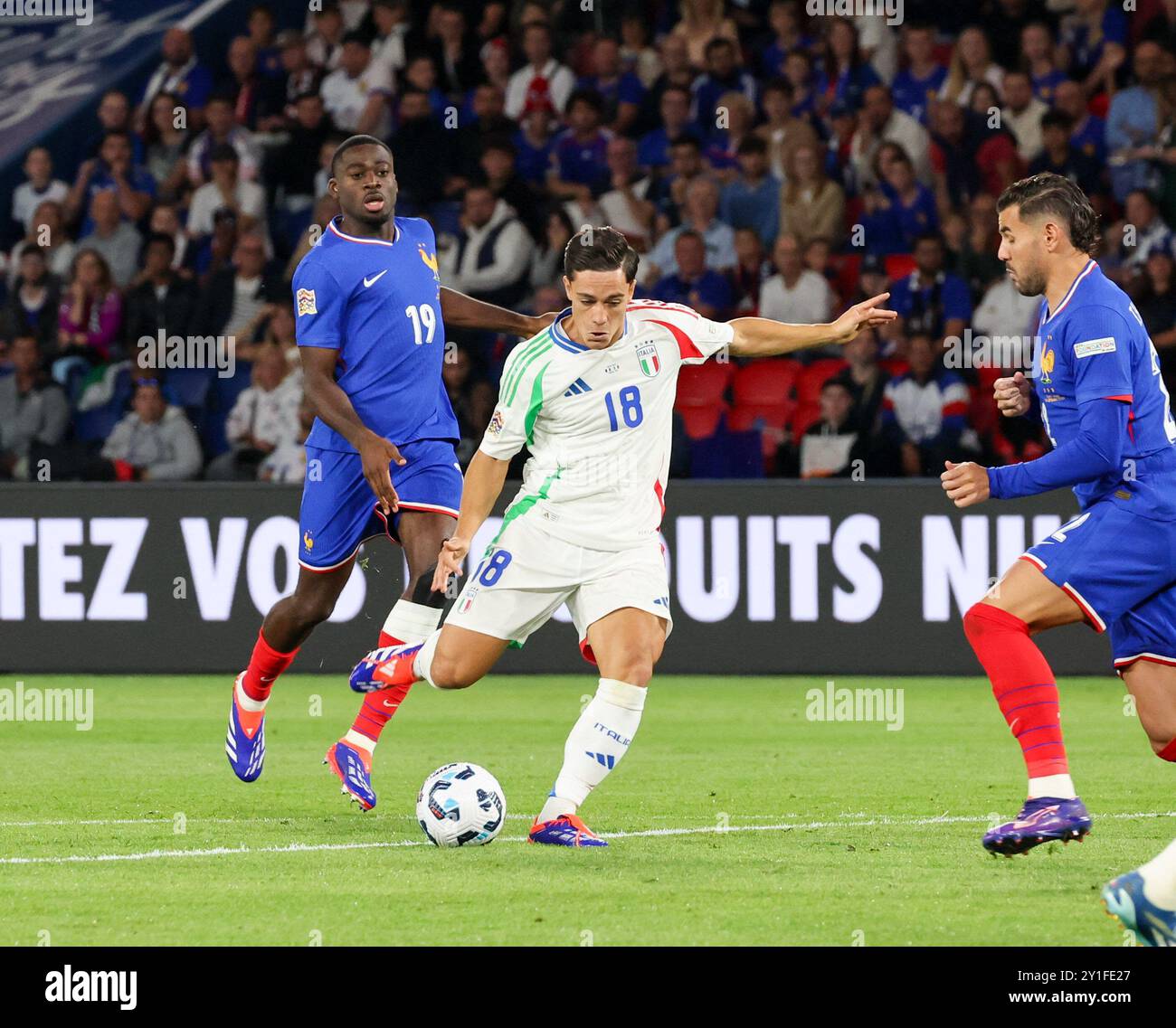 Parigi, Parigi, Francia. 6 settembre 2024. Durante la prima partita di Lega Nazionale 06/09/2024 partita di calcio tra Francia e Italia allo stadio Parc des Princes di Parigi nella foto Giacomo Raspadori (Credit Image: © Fabio Sasso/ZUMA Press Wire) SOLO USO EDITORIALE! Non per USO commerciale! Foto Stock