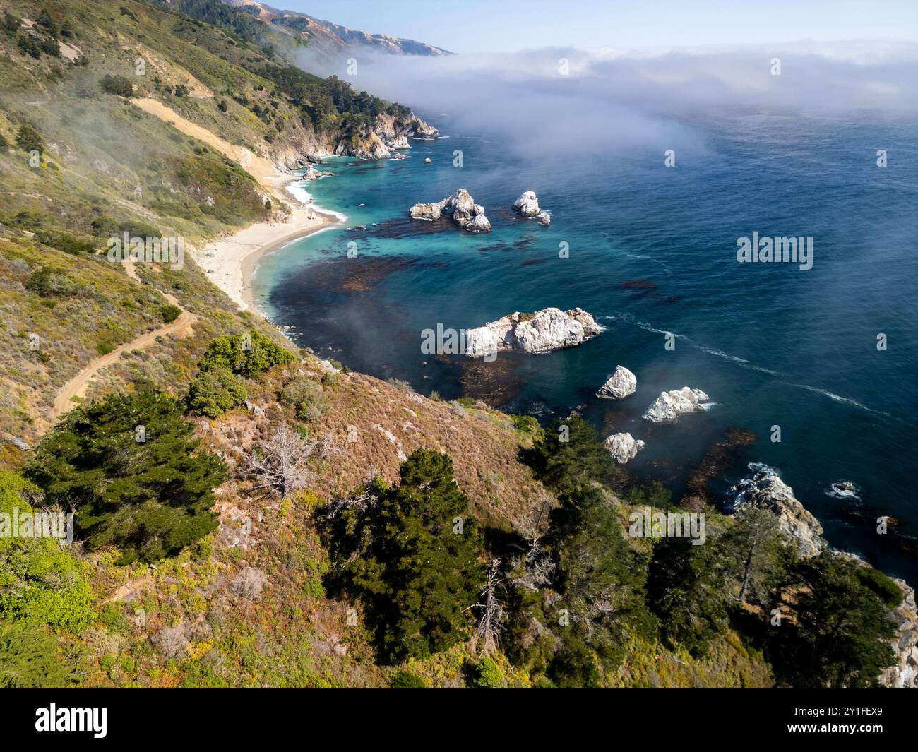 Ammira la spiaggia color acqua dell'Oceano Pacifico lungo la costa di Big Sur della California con sole e nebbia Foto Stock