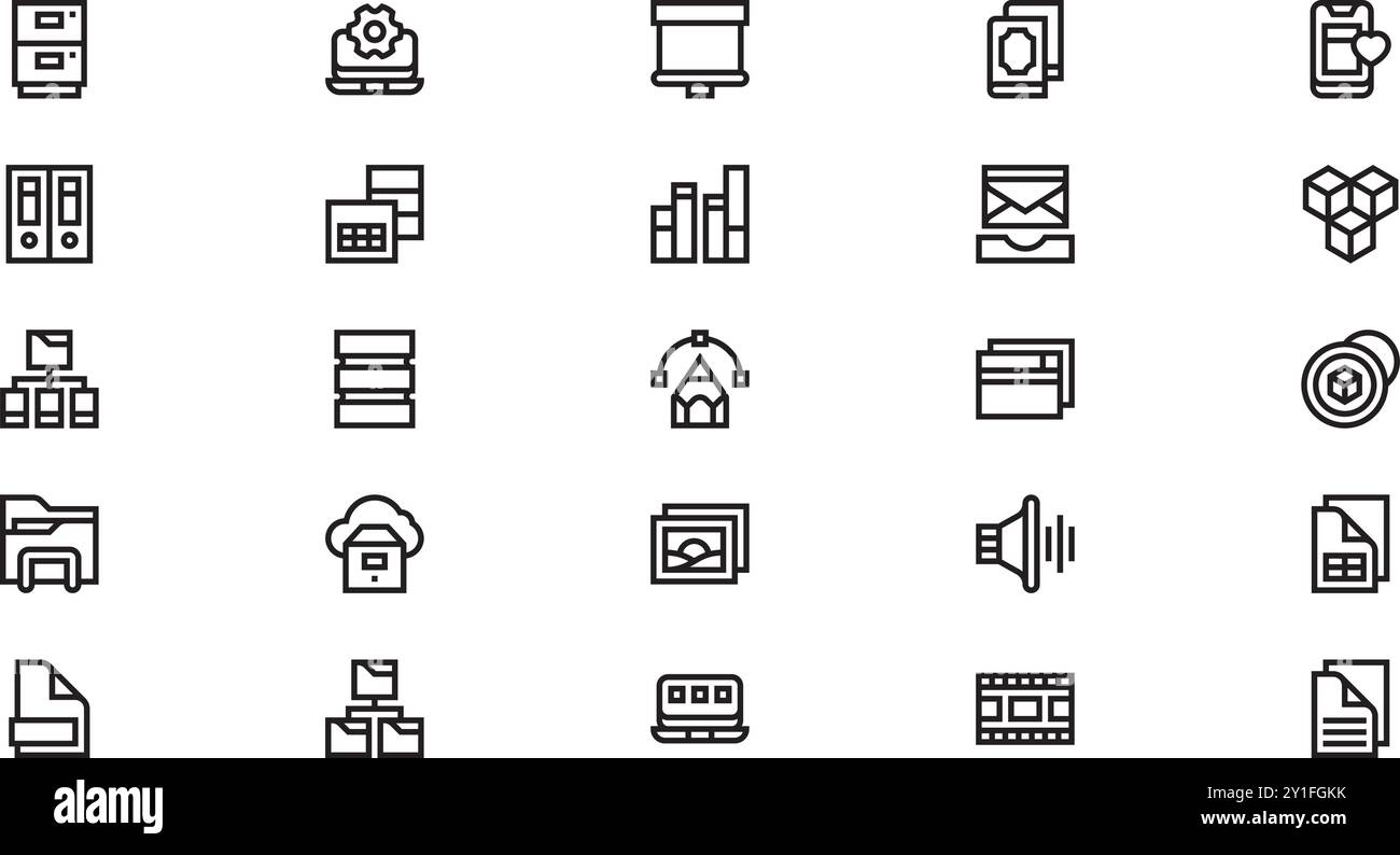 Icone di gestione delle risorse digitali raccolta di icone vettoriali di alta qualità con traccia modificabile. Ideale per progetti professionali e creativi. Illustrazione Vettoriale