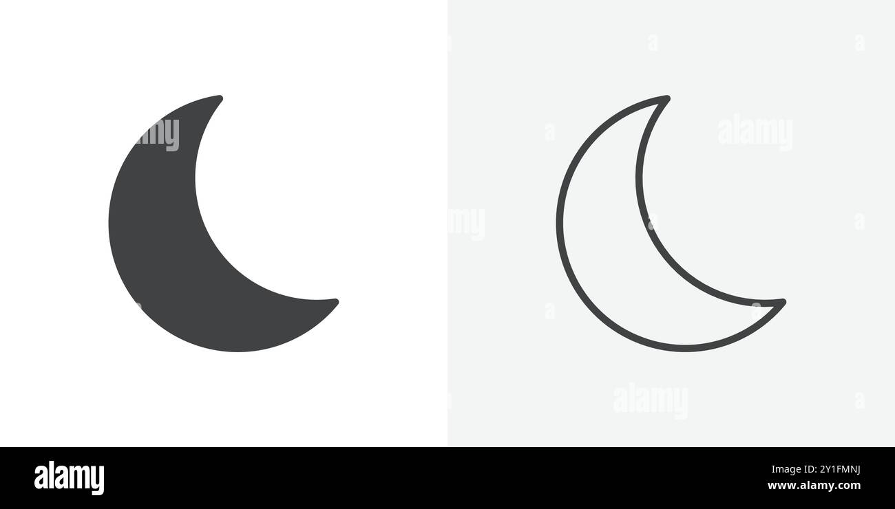 Moon Icon Flat Outline Collection su sfondo bianco e nero Illustrazione Vettoriale