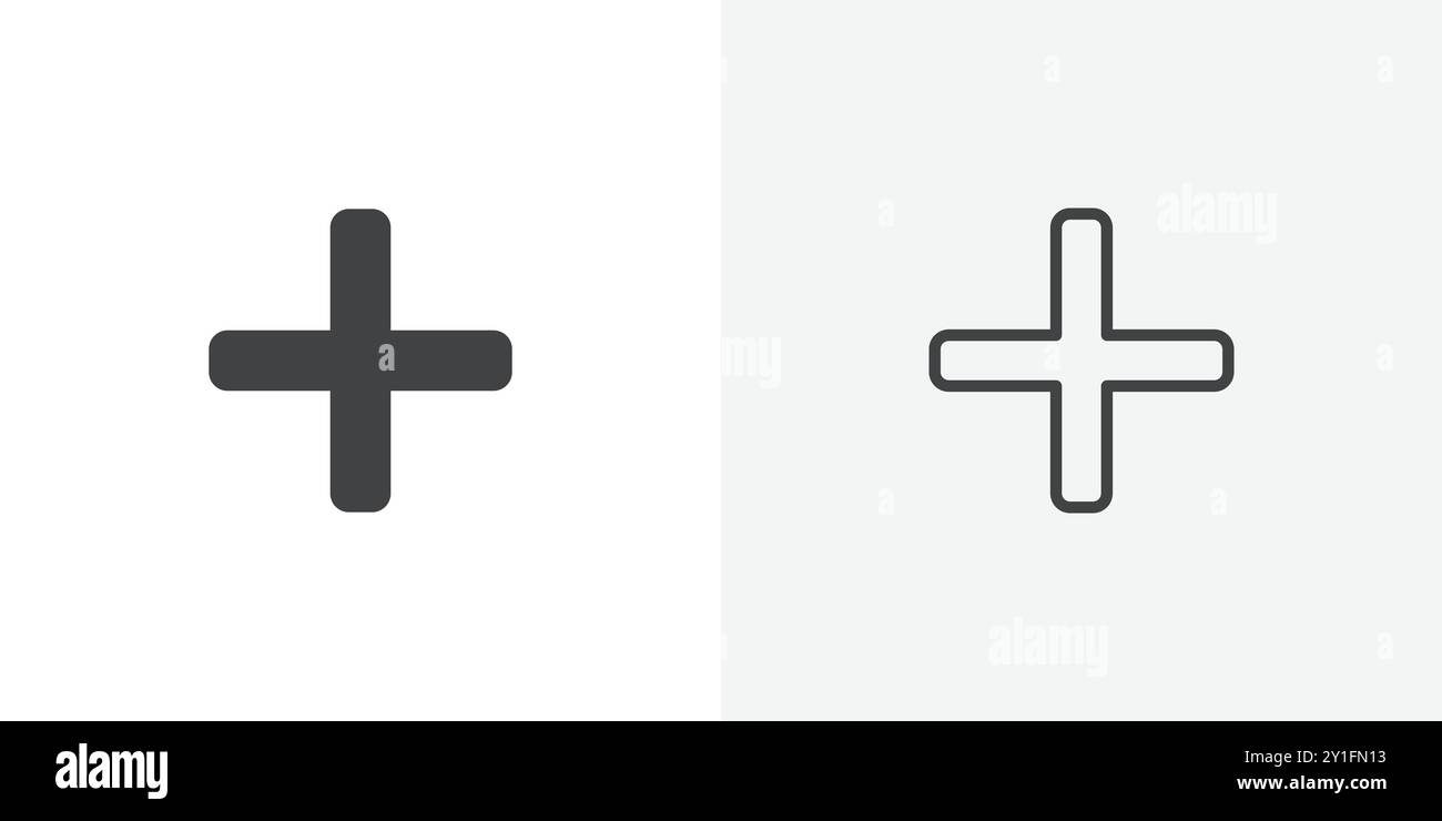 Plus Icon Flat Outline Collection su sfondo bianco e nero Illustrazione Vettoriale