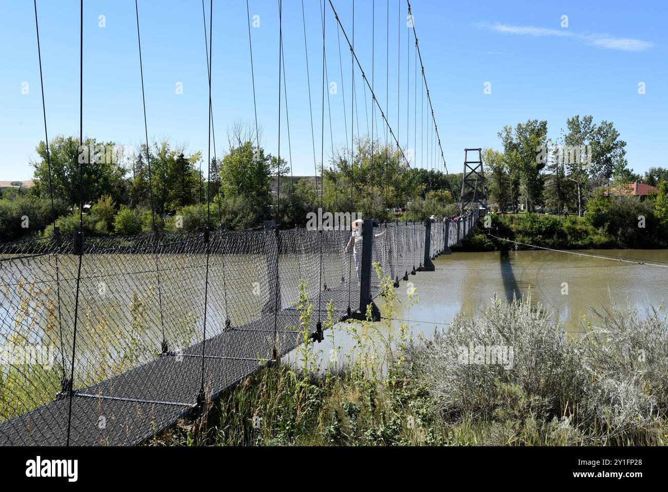 Il ponte sospeso Rosedale sul fiume Red Deer a Drumheller, Alberta, Canada Foto Stock