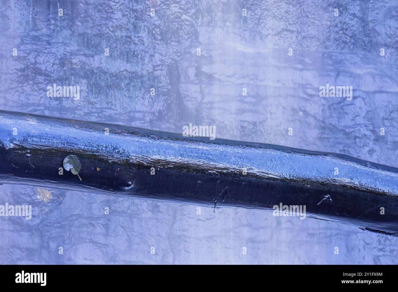 Bagnare il tronco accanto a una cascata con una parete rocciosa sullo sfondo Foto Stock