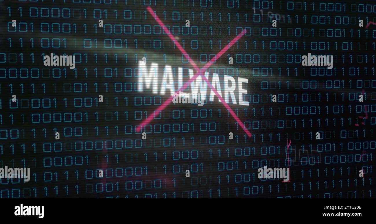 Codice binario con immagine di testo MALWARE su sfondo digitale Foto Stock