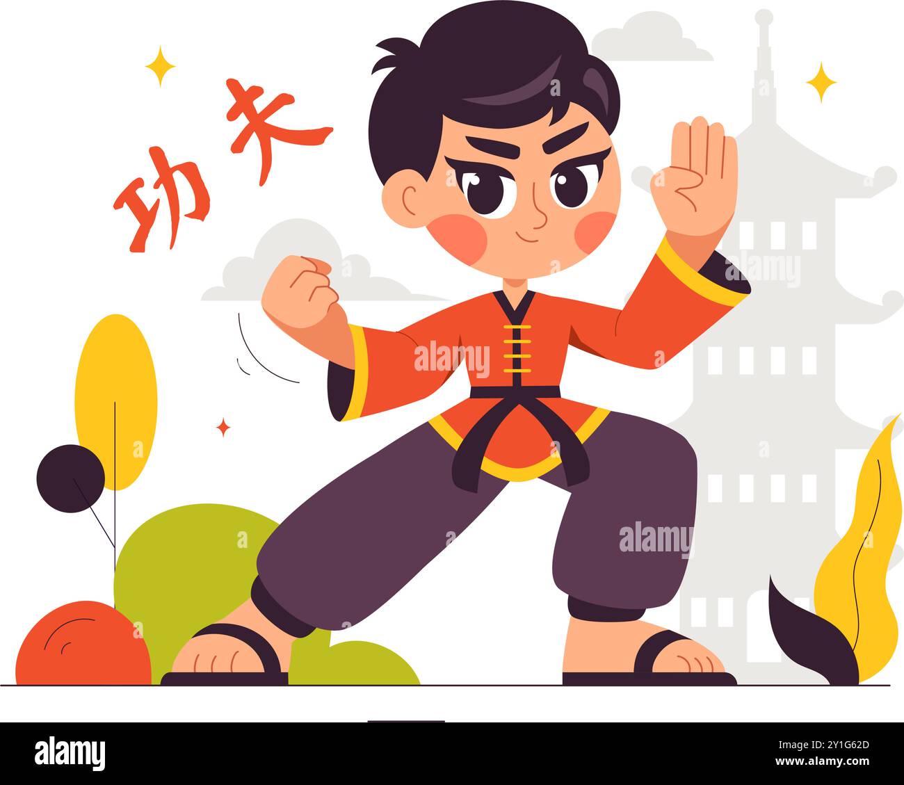 Traduzione cinese: Kung fu con persone che dimostrano le arti marziali cinesi in un'illustrazione vettoriale di sfondo a cartoni animati in stile piatto Illustrazione Vettoriale