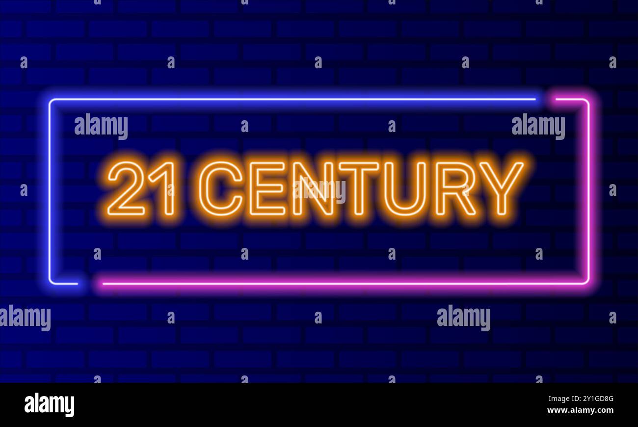 Insegna al neon 21 Century in cornice a bolla su sfondo a muro di mattoni. Banner luminoso sullo sfondo della parete. Ventunesimo secolo pulsante futuro e.. Illustrazione Vettoriale