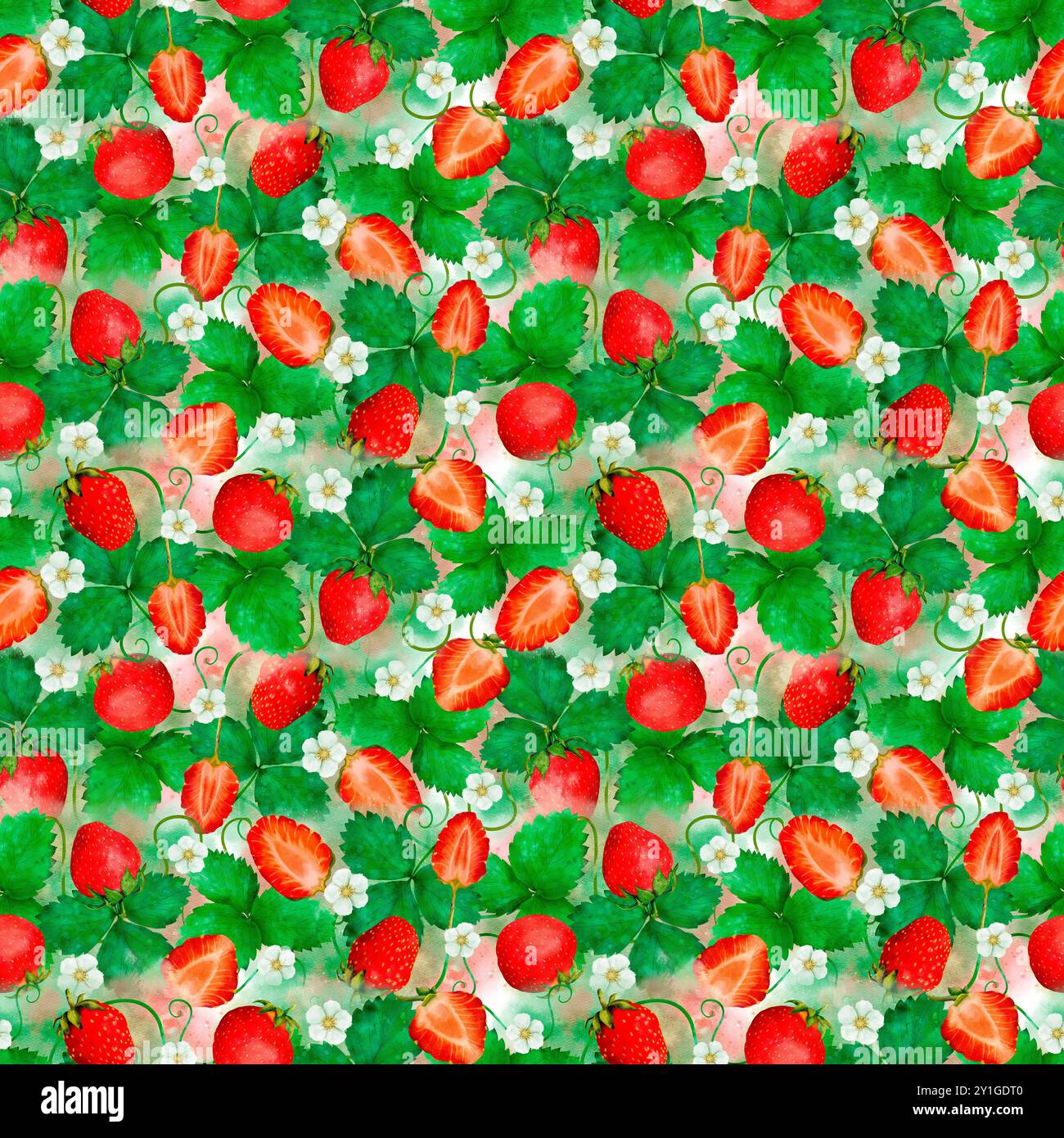 Un vivace motivo senza cuciture caratterizzato da fragole mature e foglie verdi lussureggianti, perfetto per i design a tema estivo. Arte digitale ad acquerello, per la stampa su tessuti e carta. Foto Stock