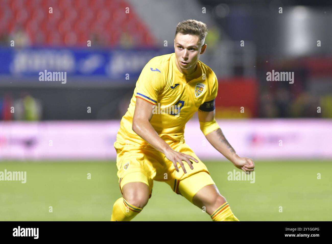 LOUIS MUNTEANU DURANTE LA ROMANIA U2 CONTRO MONTENEGRO U21, PARTITA DI QUALIFICAZIONE PER EURO U21 SLOVACCHIA 2025, TARGOVISTE, ROMANIA 06.09.2024 Foto Stock