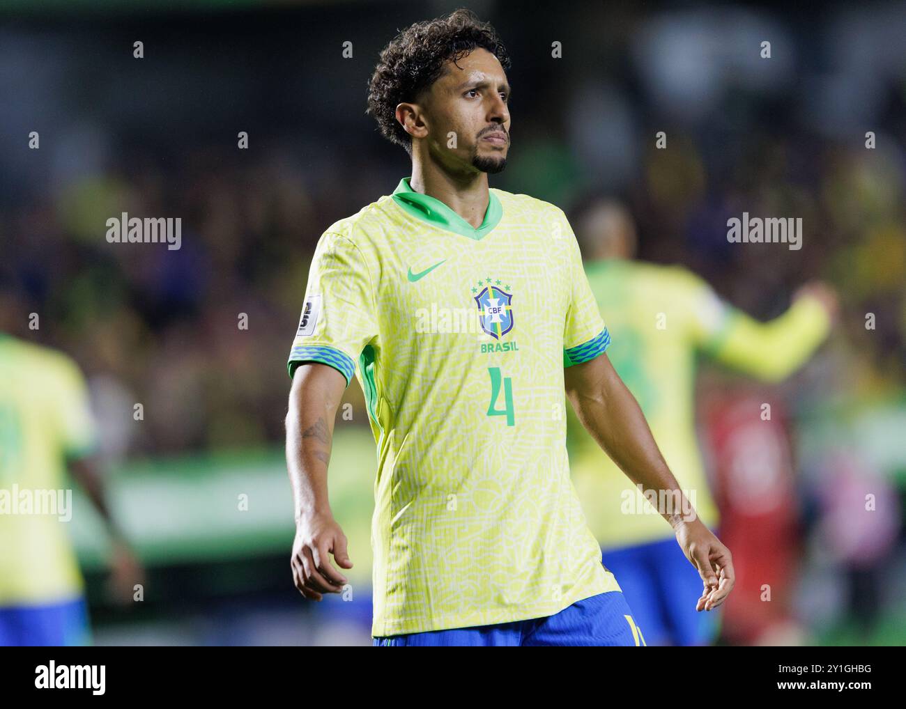 Curitiba, Brasile. 6 settembre 2024. Calcio - qualificazioni ai Mondiali 2026 - Brasile vs. Ecuador - Brasile vs. Ecuador - partita valida per il settimo turno, stadio Couto Pereira. Brasil's Marquinhos durante la partita Credit: Vilmar Bannach/Alamy Live News Foto Stock