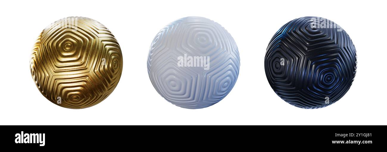 set di palline da calcio 3d. Palle da calcio bianche, dorate e nere lucide. Aspetto moderno. Rendering. Foto Stock