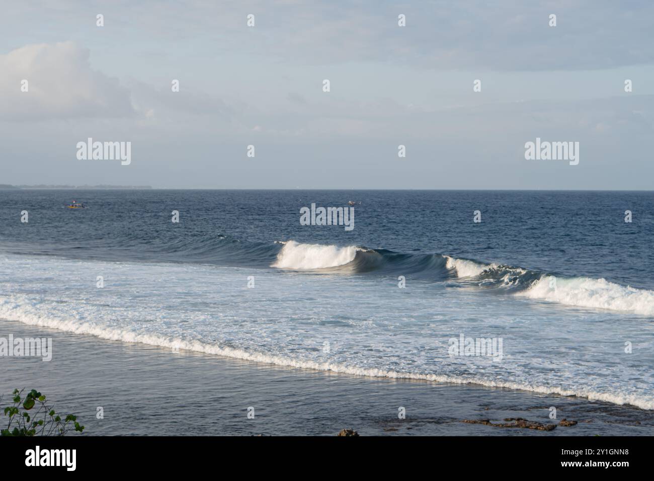 Una vista panoramica dell'oceano con onde dolci e una barca lontana. In primo piano, i vivaci fiori viola contrastano con la costa rocciosa e il c Foto Stock