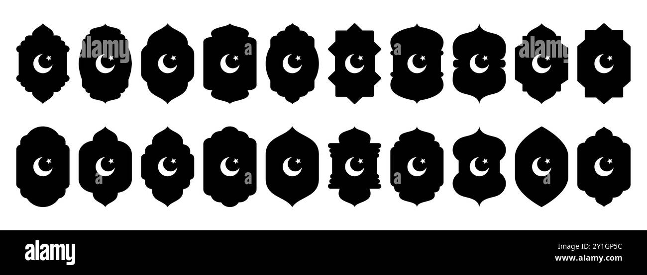 Porta islamica a forma di finestra e arco arabo con luna crescente. Raccolta di motivi in stile orientale. Cornici in design arabo musulmano per Illustrazione Vettoriale