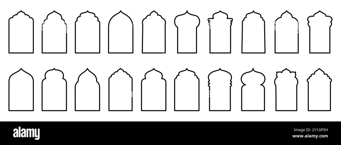 Forma islamica porta e finestra silhouette arco arabo. Collezione di motivi in stile orientale. Cornici in design arabo musulmano per Ramadan Kareem Illustrazione Vettoriale