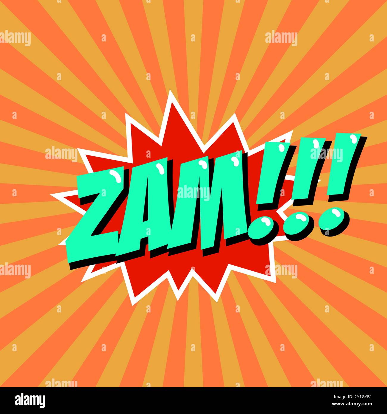 Zam! Frase in stile comico su sfondo Sunburst. Elemento di design per poster e t-shirt. Illustrazione Vettoriale