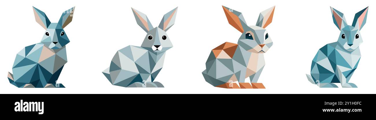 Serie di conigli poligonali astratti. Conigli poligonali geometrici lineari. Coniglio carino in basso stile triangolare. Illustrazione vettoriale. Illustrazione Vettoriale