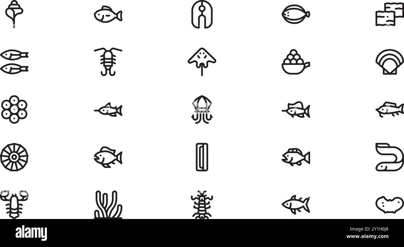 Icone di pesce e frutti di mare Collezione di icone vettoriali di alta qualità con tratto modificabile. Ideale per progetti professionali e creativi. Illustrazione Vettoriale