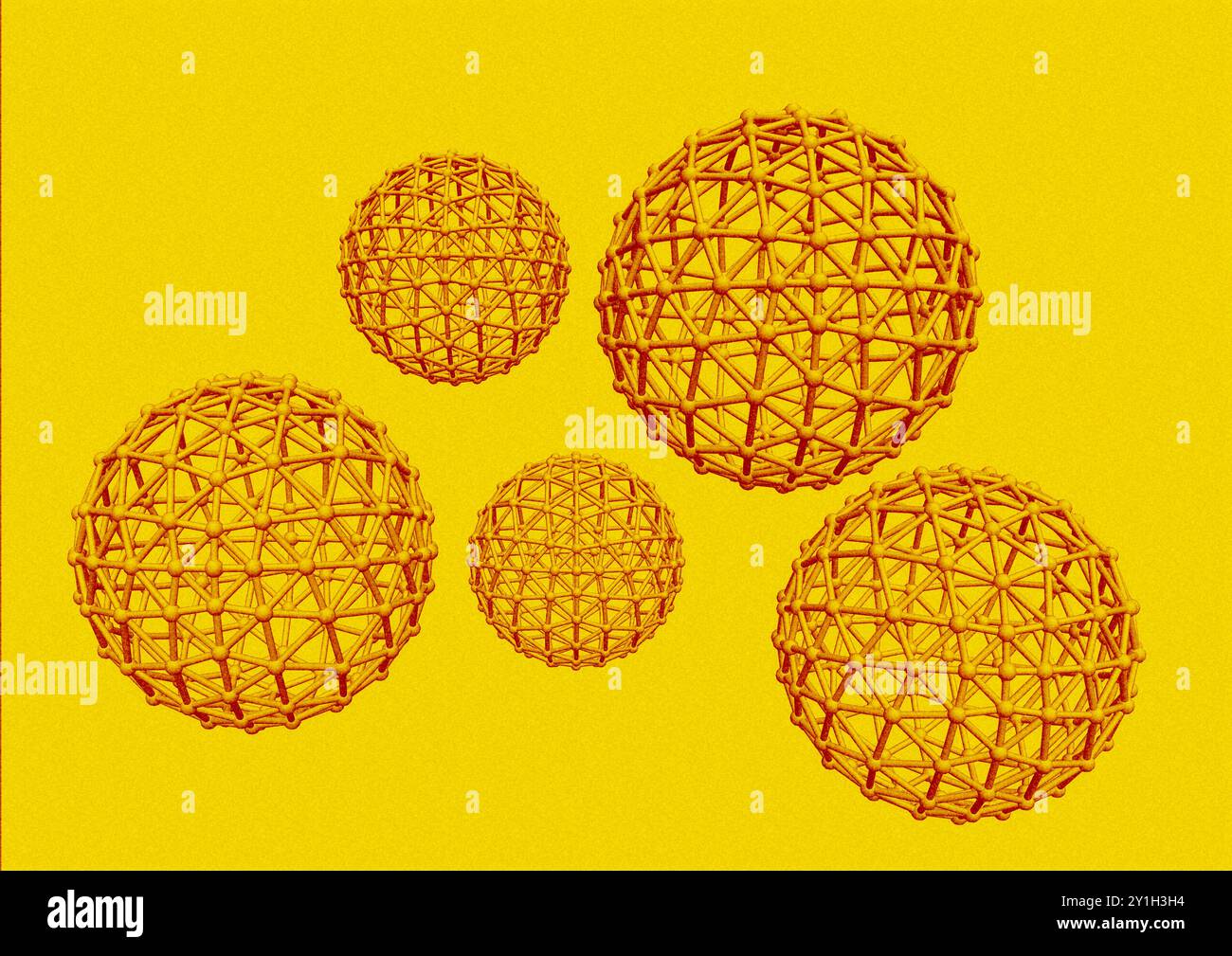 Molecole di Buckminsterfullerene, illustrazione. Il Buckminsterfullerene è una forma strutturalmente distinta (allotropo) di carbonio, costituita da 60 atomi di carbonio disposti in una struttura sferica. La disposizione degli atomi forma anelli esagonali e pentagonali interconnessi, somiglianti a un calcio. Questi fullereni sferici sono talvolta chiamati buckyball. Foto Stock