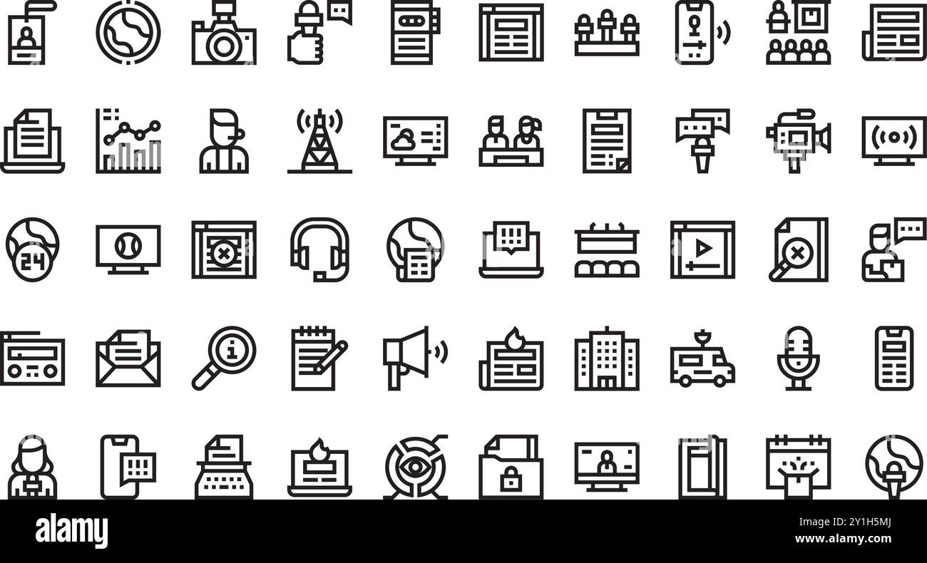 Icone del giornalismo Collezione di icone vettoriali di alta qualità con traccia modificabile. Ideale per progetti professionali e creativi. Illustrazione Vettoriale