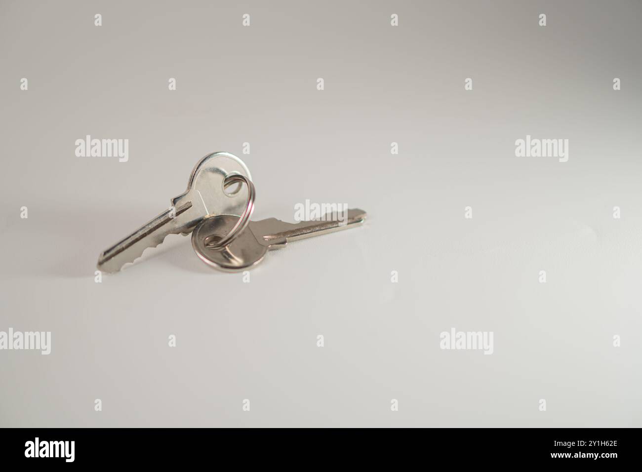 Una mano che regge un set di chiavi con un portachiavi su uno sfondo semplice. Le chiavi sono lucenti e metalliche, riflettono la luce. Foto Stock