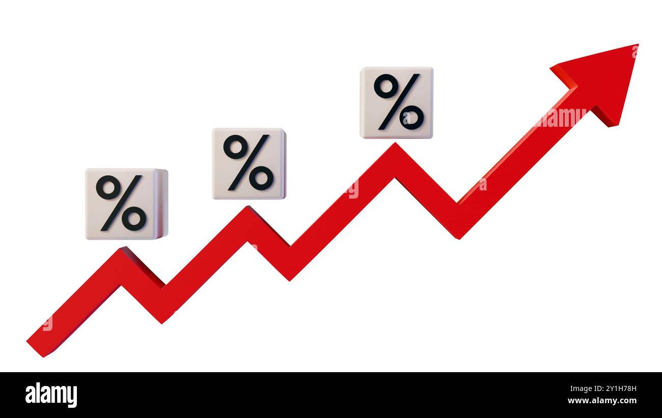 rendering 3d di una freccia rossa rivolta verso l'alto e cubi con simboli di percentuale, suggerendo qualcosa relativo alle percentuali, come i tassi di interesse, gonfiare Foto Stock