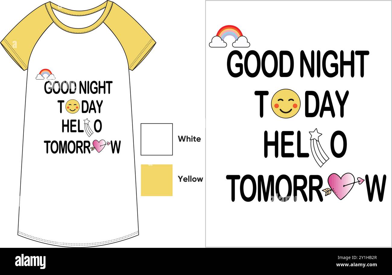 buonanotte oggi ciao domani slogan abiti da notte da donna con stampa a camicia lunga grafica vettoriale con schizzo piatto di t-shirt lunga color block Illustrazione Vettoriale