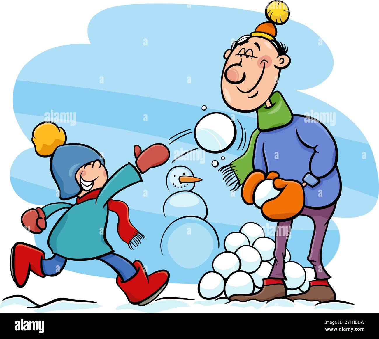 Illustrazione a cartoni animati di padre e figlio che lanciano palle di neve e si divertono in inverno Illustrazione Vettoriale