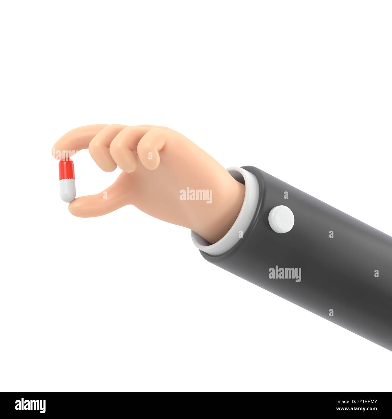 rendering 3d. icona pillola rossa e bianca. Mano di cartone animato medico o farmacista con pelle nera contiene piccole pillole. Illustrazione per il settore medicale. cl. Farmaceutica Foto Stock
