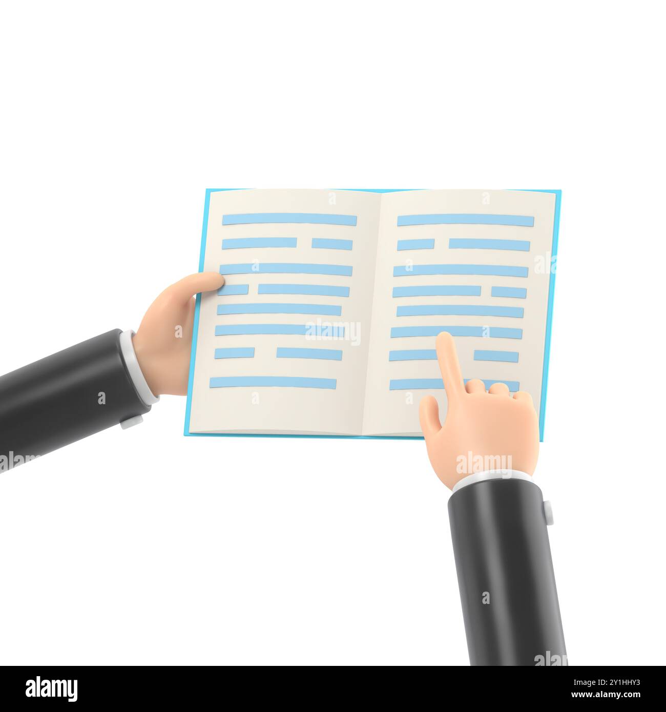 Mockup icona gesti cartoni animati.Apri il libro nelle mani, lettura, formazione, rendering 3D su sfondo bianco. Foto Stock