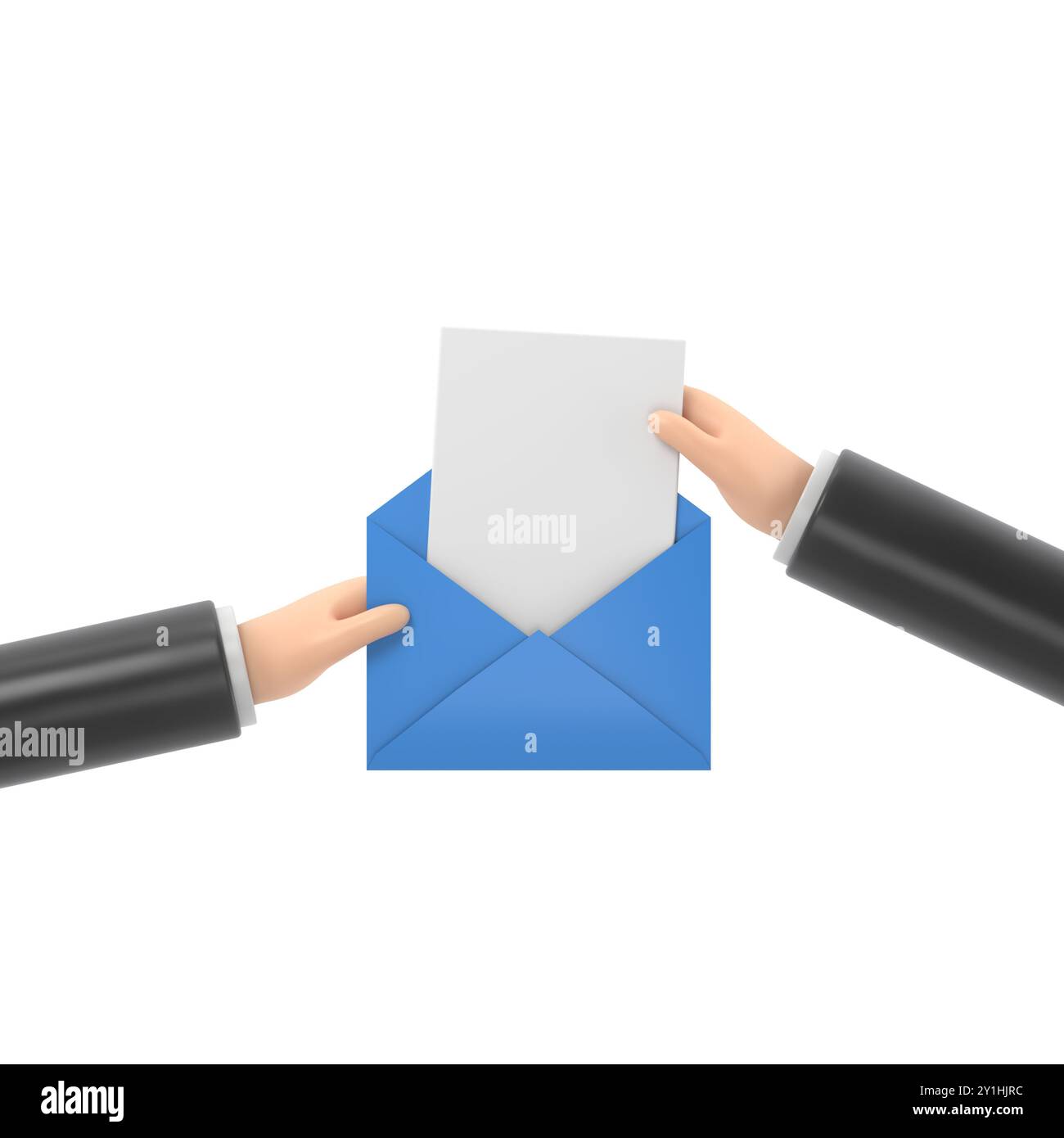 Icona Cartoon Gesture Mockup.Hand preleva dalla busta un foglio di carta vuoto. concetto di posta. Illustrazione 3d in stile piatto rendering 3D su sfondo bianco Foto Stock