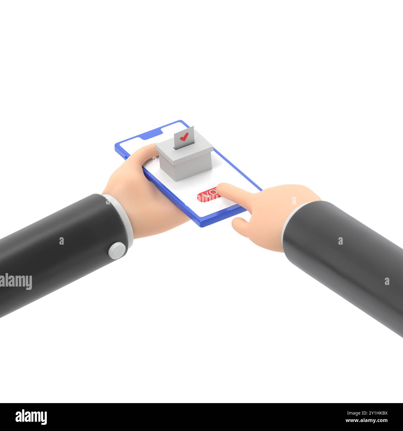 Concetto di votazione online. stile di progettazione isometrico dell'illustrazione 3d. Un uomo tiene uno smartphone in mano. Fate la vostra scelta. Bollettino,inserisce nella casella di voto. El Foto Stock