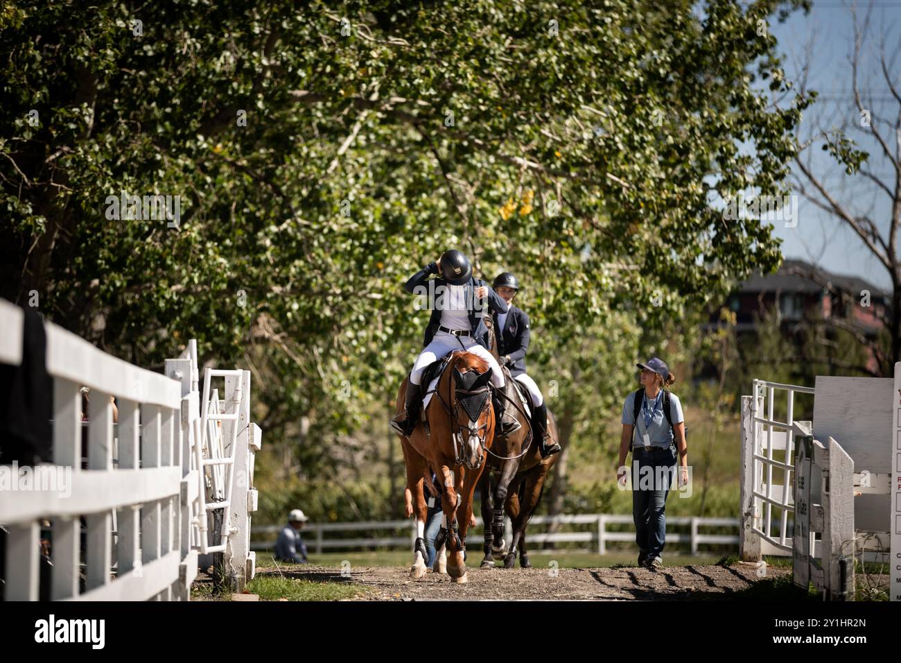 Calgary, Canada - 6 settembre 2024. Jaydan Stettner, canadese, gareggia nella classe CSI2* di 1,45 m a Spruce Meadows durante il Rolex Masters. Contrassegnare Spowar Foto Stock