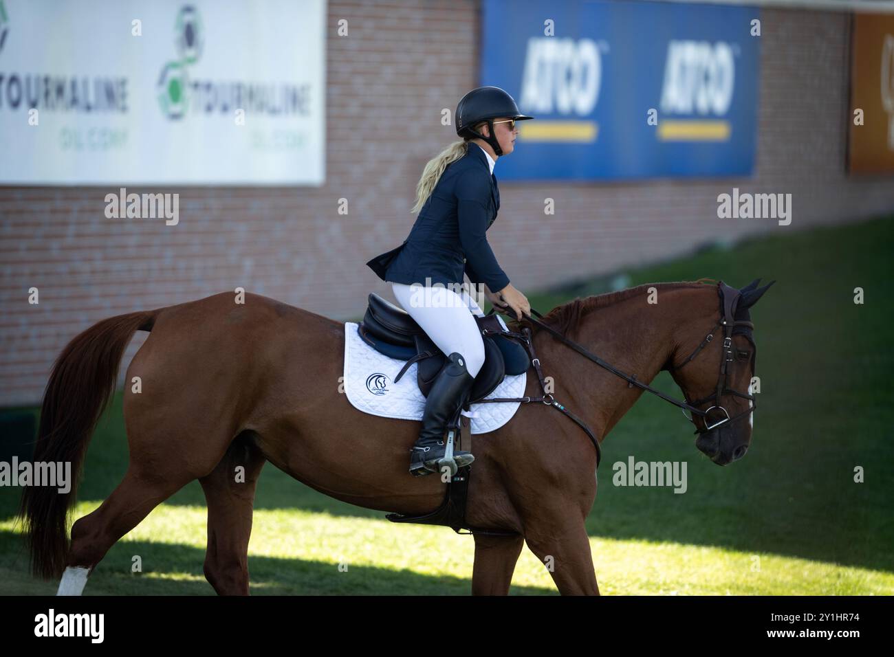 Calgary, Canada - 6 settembre 2024. Jaydan Stettner, canadese, gareggia nella classe CSI2* di 1,45 m a Spruce Meadows durante il Rolex Masters. Contrassegnare Spowar Foto Stock