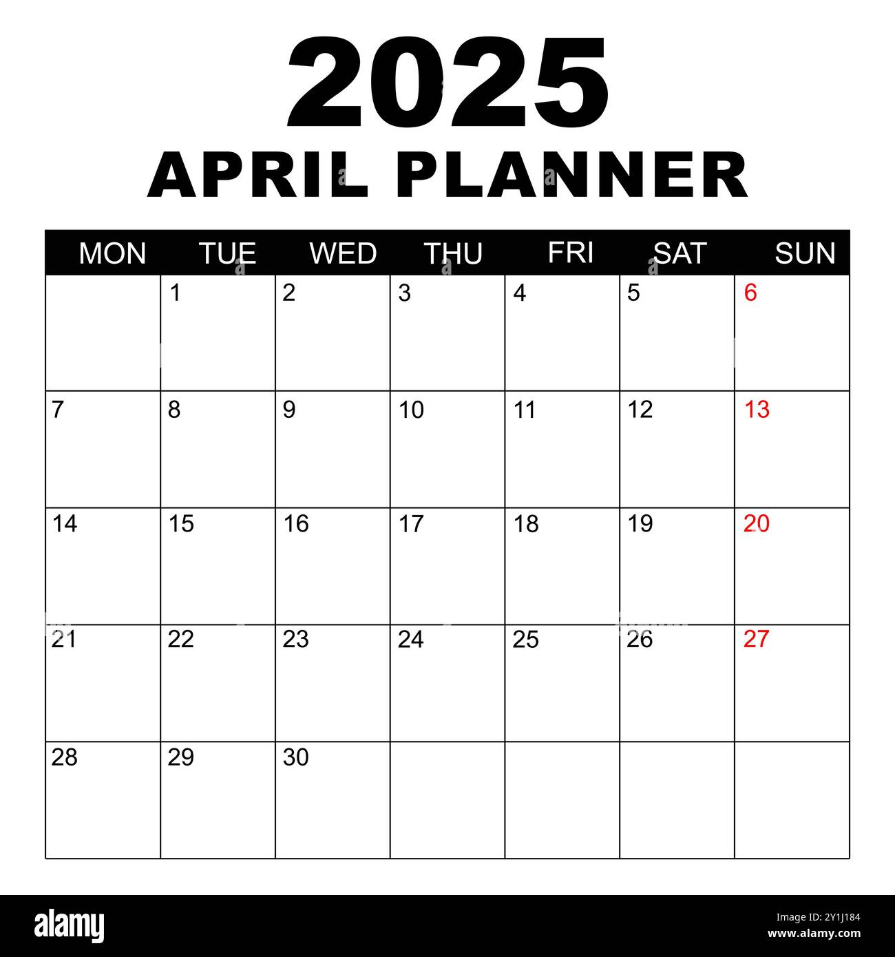 Calendario di aprile 2025. La settimana inizia lunedì. Modello calendario vuoto. Adatta alla pagina formato lettera. Design di cancelleria. Calendario semplice 2025. Mensilmente . Illustrazione Vettoriale
