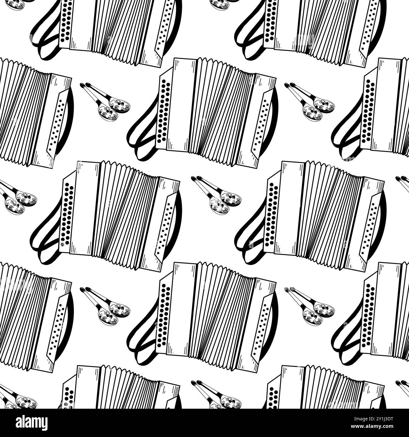 Strumenti musicali popolari, fisarmonica, fisarmonica, cucchiai dipinti in legno, tutti gli oggetti sono disegnati a mano in vettoriale. Pattern vettoriale senza giunture. Illustrazione Vettoriale